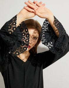 Embroidery Hollow Out Vneck Loose Blouse