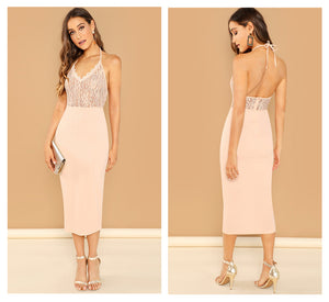 Pink Halter Lace Bodycon Dress