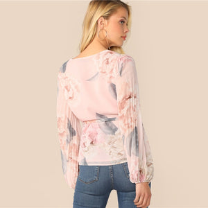 Floral Chiffon Lantern Sleeve Blouse