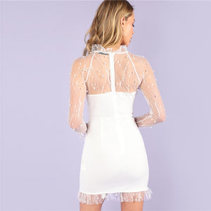 Pearl Beading Vine Mesh Ruffle White Dress