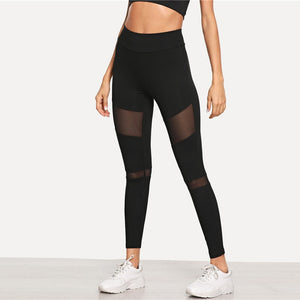 Minimalist Wide Waistband Mesh Insert Skinny Leggings