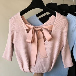Bow Knot Low-cut Cotton Tops - ONE SIZE