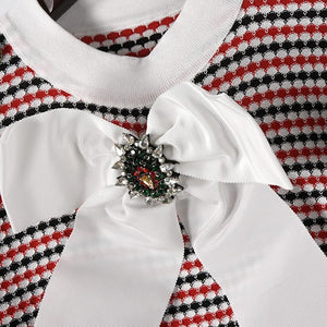 Plaid O neck Bow Button Mini Dress - ONE SIZE