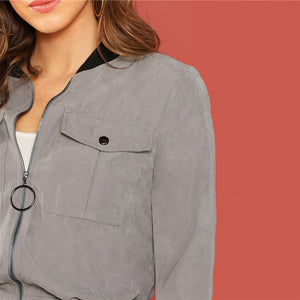 Grey Zip Up Flap Pocket Bomber Jacket