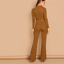 Load image into Gallery viewer, Brown Mock-Neck Crop Fitted Flare Hem Tee Frill Plain Pants Set