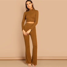 Load image into Gallery viewer, Brown Mock-Neck Crop Fitted Flare Hem Tee Frill Plain Pants Set