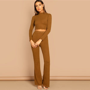 Brown Mock-Neck Crop Fitted Flare Hem Tee Frill Plain Pants Set