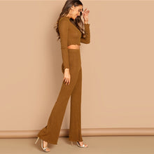 Load image into Gallery viewer, Brown Mock-Neck Crop Fitted Flare Hem Tee Frill Plain Pants Set