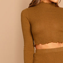 Load image into Gallery viewer, Brown Mock-Neck Crop Fitted Flare Hem Tee Frill Plain Pants Set