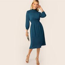 Load image into Gallery viewer, Blue Frill Neck Shirred Yoke Midi Dress