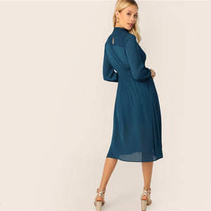 Blue Frill Neck Shirred Yoke Midi Dress