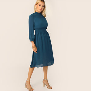 Blue Frill Neck Shirred Yoke Midi Dress