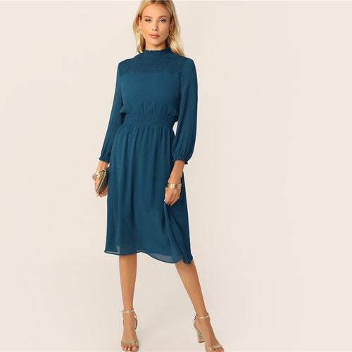 Blue Frill Neck Shirred Yoke Midi Dress