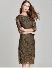 Load image into Gallery viewer, Army Green Embroidery Bodycon Lace Dress