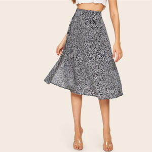 Floral Button Side Split Midi Skirt