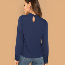 Load image into Gallery viewer, Navy Keyhole Back Ruffle Trim Blouse