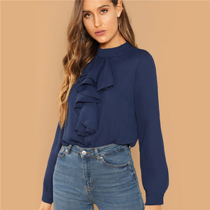 Navy Keyhole Back Ruffle Trim Blouse