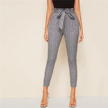 Load image into Gallery viewer, Grey Plaid Belted Skinny Trousers