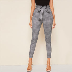 Grey Plaid Belted Skinny Trousers