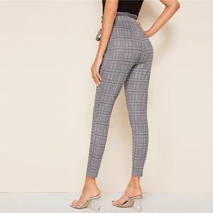 Grey Plaid Belted Skinny Trousers