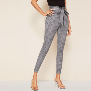 Grey Plaid Belted Skinny Trousers