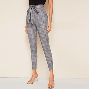 Grey Plaid Belted Skinny Trousers