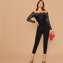 Load image into Gallery viewer, Off Shoulder Lace Belted Skinny Jumpsuit