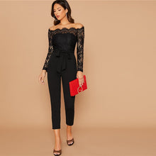 Load image into Gallery viewer, Off Shoulder Lace Belted Skinny Jumpsuit