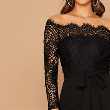 Load image into Gallery viewer, Off Shoulder Lace Belted Skinny Jumpsuit