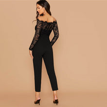 Load image into Gallery viewer, Off Shoulder Lace Belted Skinny Jumpsuit