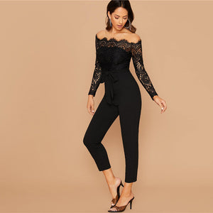 Off Shoulder Lace Belted Skinny Jumpsuit