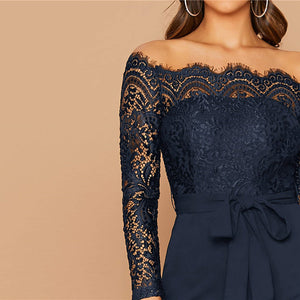 Off Shoulder Lace Belted Skinny Jumpsuit