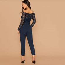 Load image into Gallery viewer, Off Shoulder Lace Belted Skinny Jumpsuit