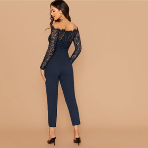 Off Shoulder Lace Belted Skinny Jumpsuit