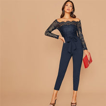 Load image into Gallery viewer, Off Shoulder Lace Belted Skinny Jumpsuit