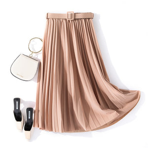 Belted B pleated midi skirt