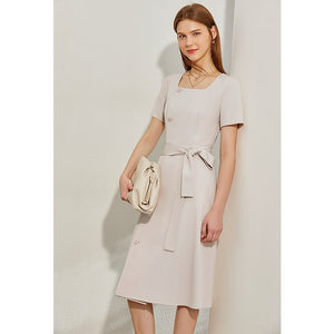 Square Collar Single-breasted Belt Dress