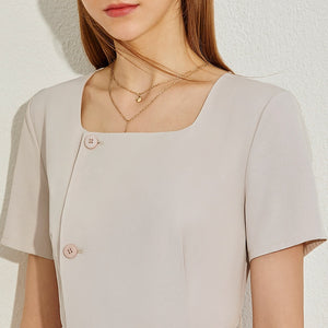 Square Collar Single-breasted Belt Dress