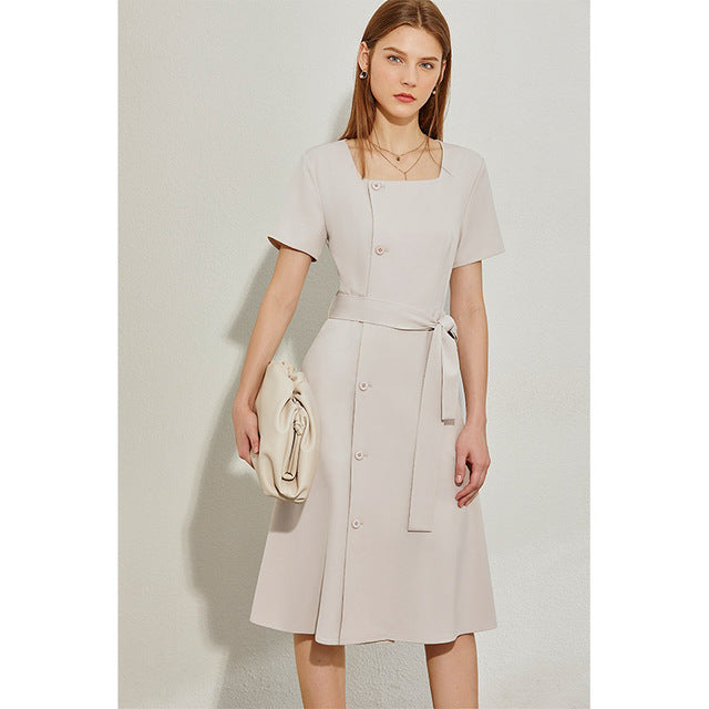 Square Collar Single-breasted Belt Dress