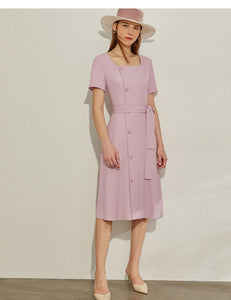 Square Collar Single-breasted Belt Dress