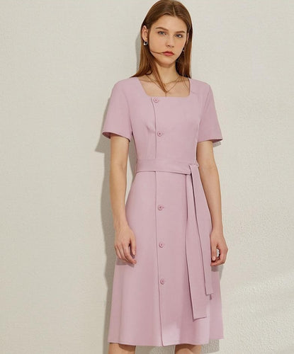 Square Collar Single-breasted Belt Dress