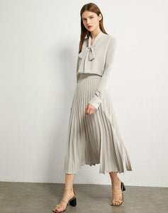 Bow Neck Loose Blouse High Waist Pleated Skirt