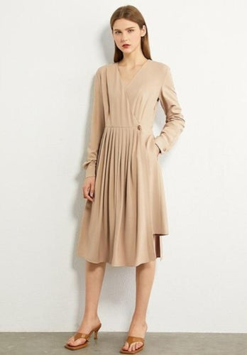 Pleated Solid Knee-length Khaki Dress