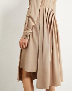 Pleated Solid Knee-length Khaki Dress