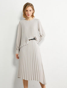 Pleated Solid Oneck Loose Blouse & Skirt Set