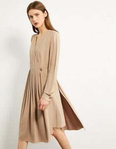 Pleated Solid Knee-length Khaki Dress