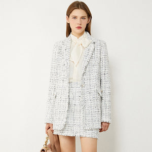Temperament Plaid Tweed Jacket & High Waist Aline Mini Skirt