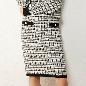 Vneck Plaid Knitted Sweater & High Waist Aline Skirt