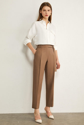 Solid High Waist Straight Trousers