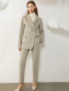 Wool Solid Belt Blazer Coat & High Waist Solid Pants